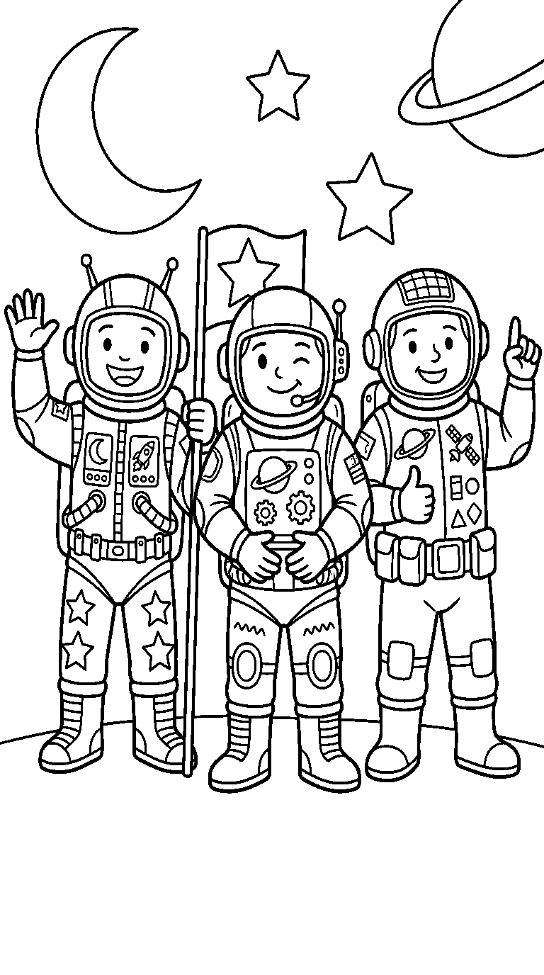 kleurplaat astronaut · Met z'n drieën