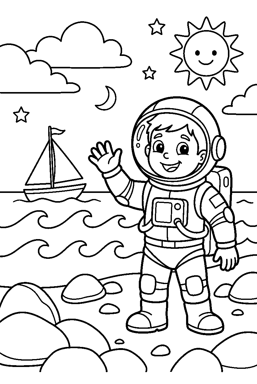 kleurplaat astronaut · Aan het water