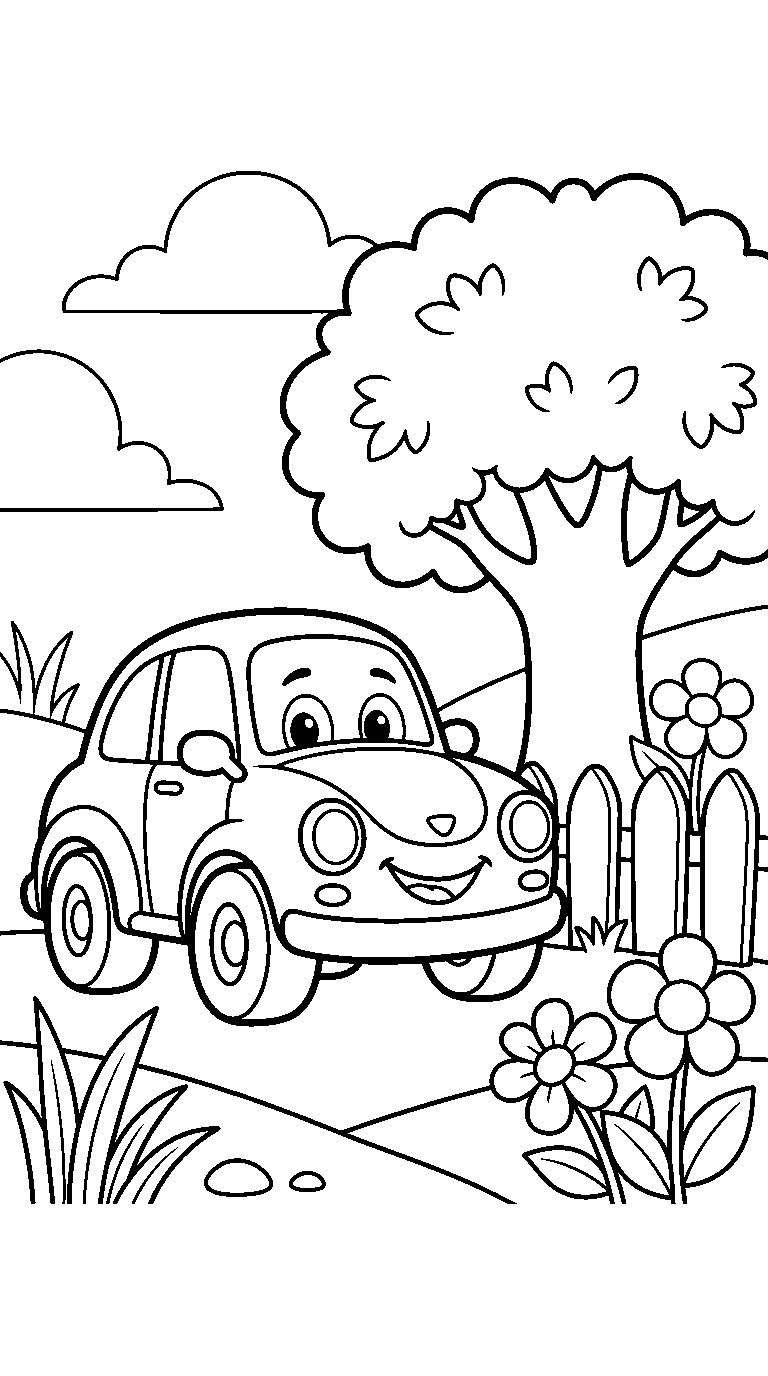 kleurplaat auto · Bij de boom