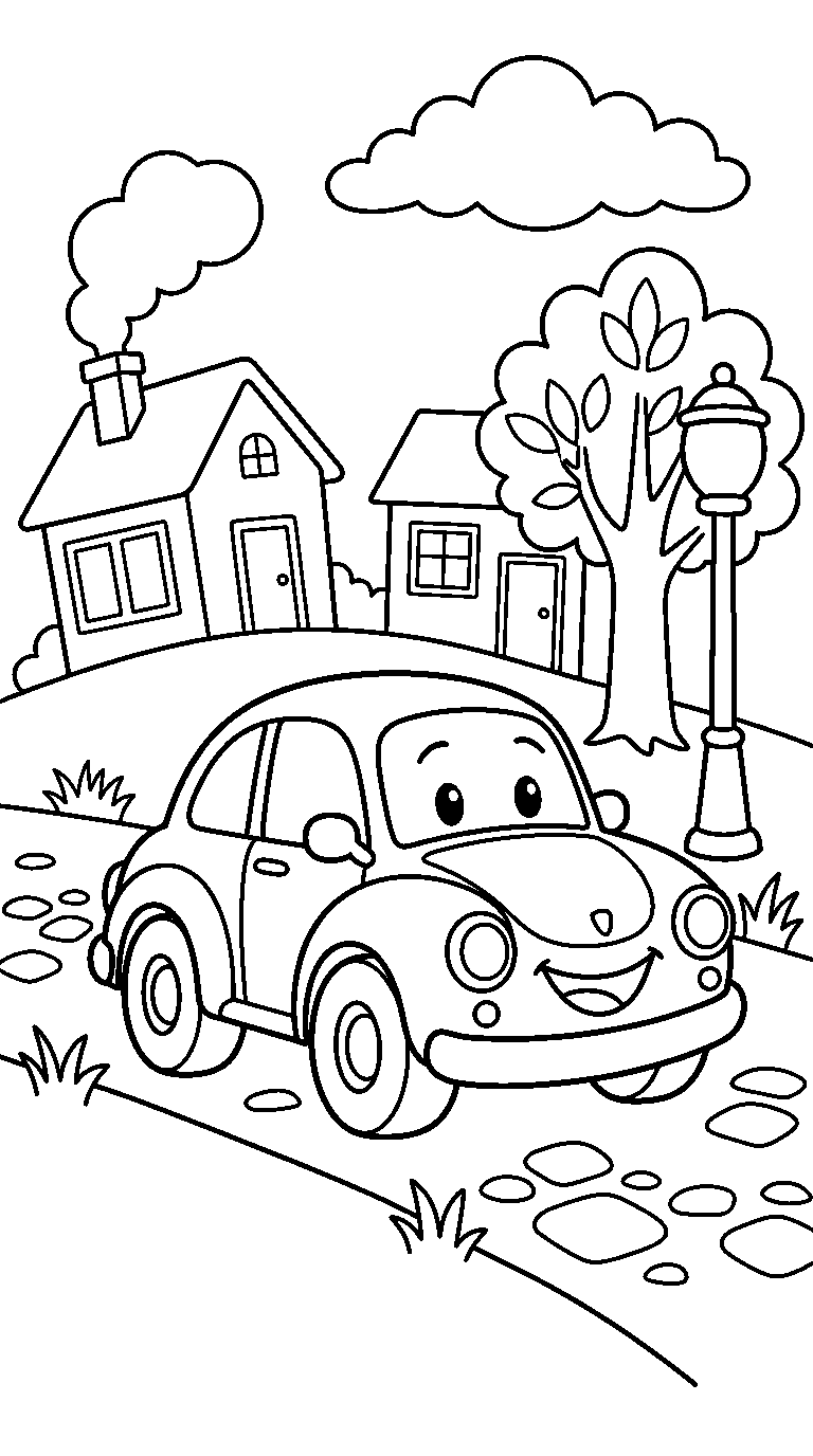 kleurplaat auto · In het dorp