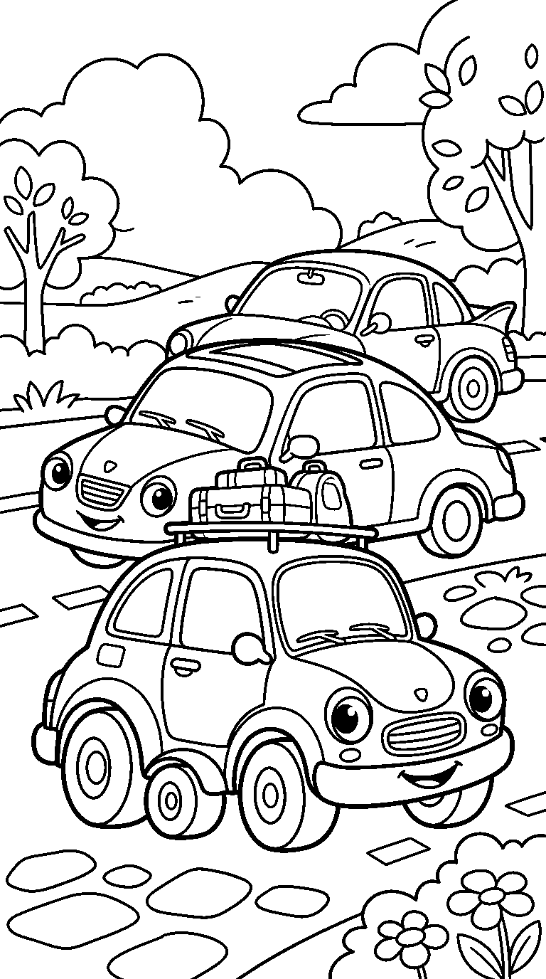 kleurplaat auto · Met z'n drieën