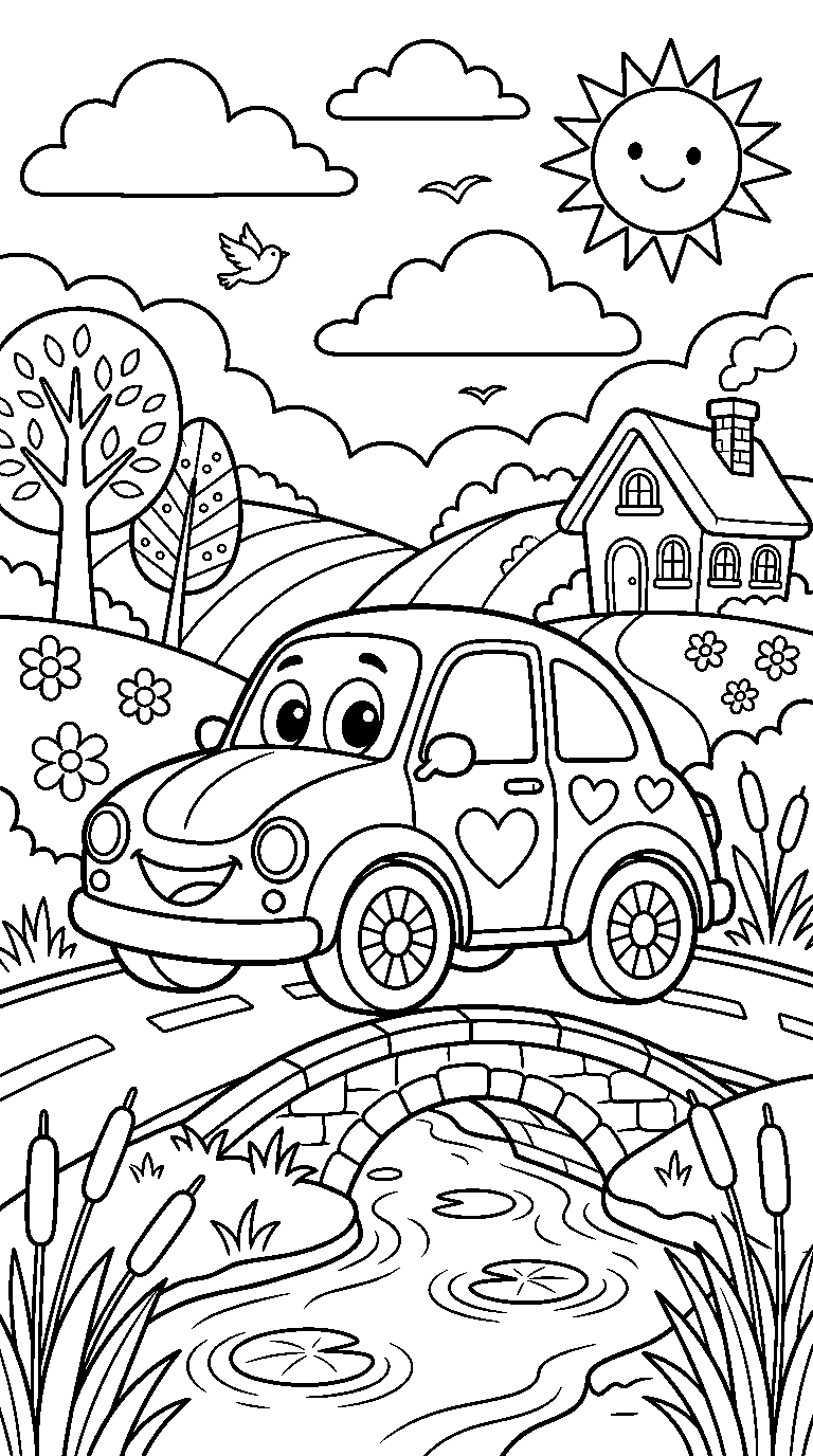 kleurplaat auto · In het landschap