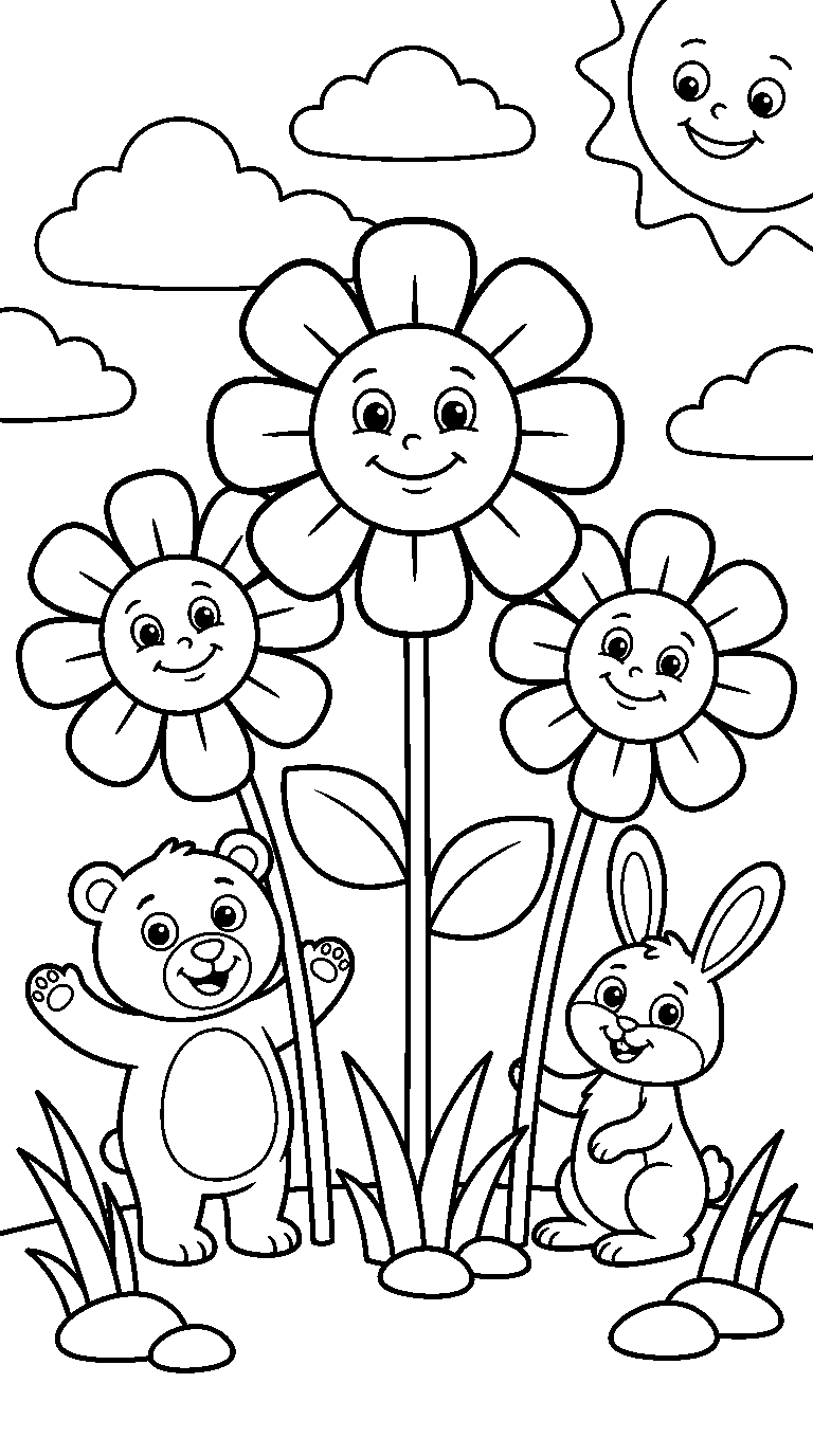 kleurplaat bloemen · Met twee diertjes