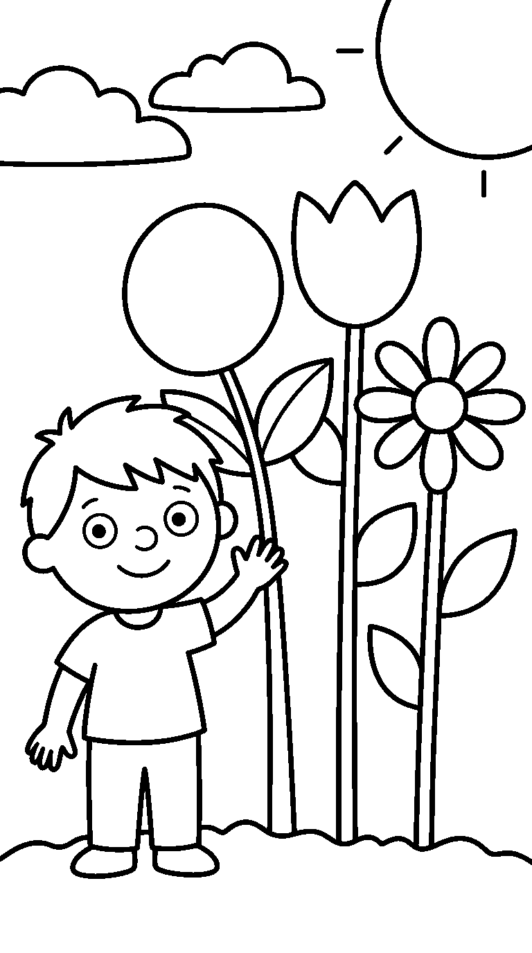 kleurplaat bloemen · Met een kind erbij
