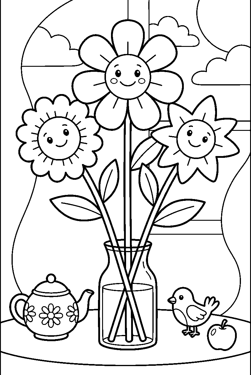 kleurplaat bloemen · Op tafel