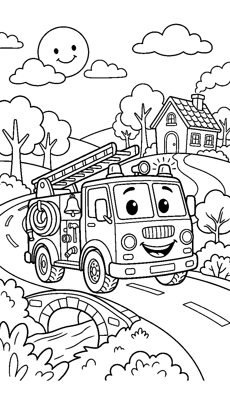 kleurplaat brandweerauto · In het landschap