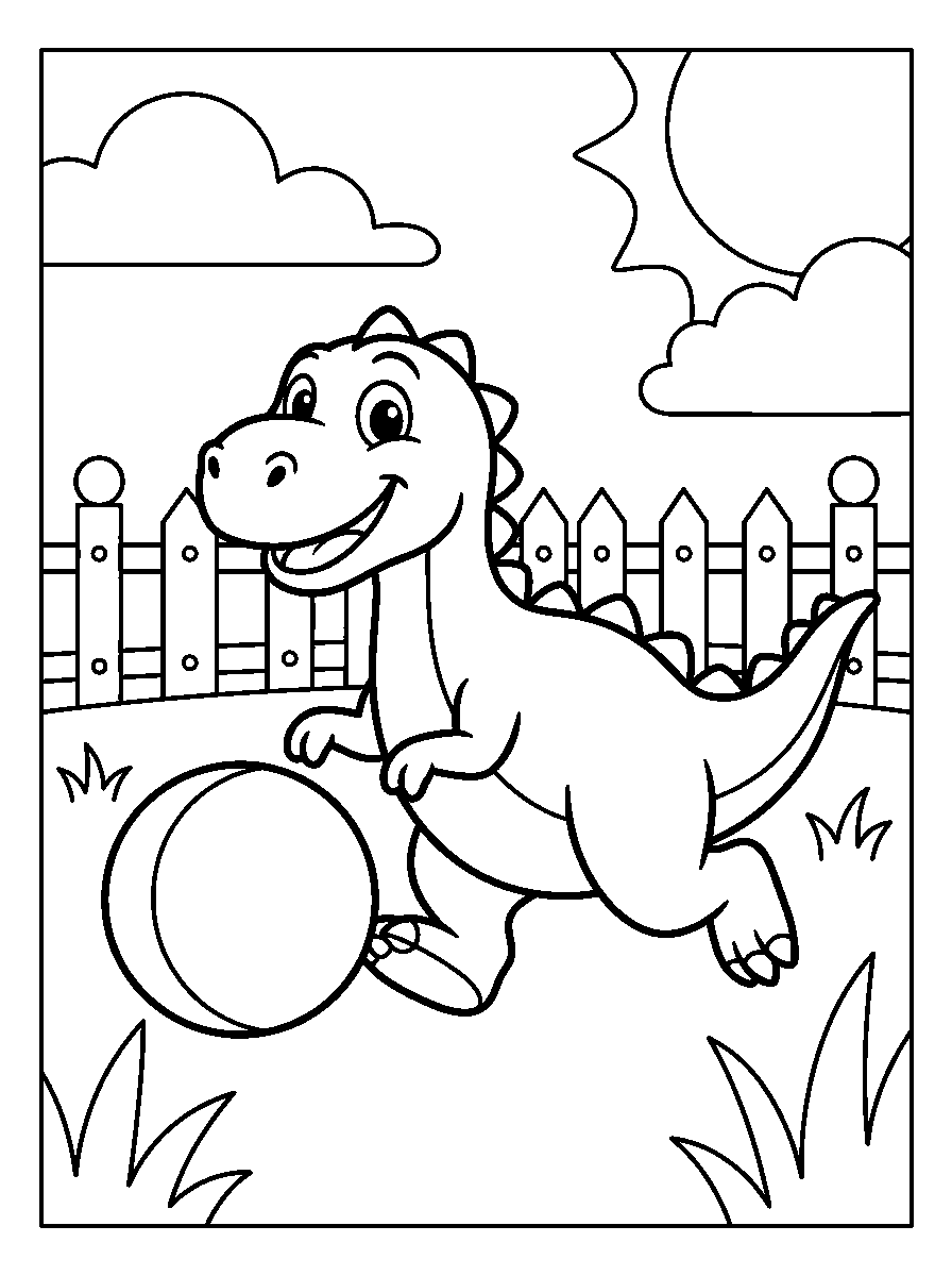kleurplaat dinosaurus · Met een bal