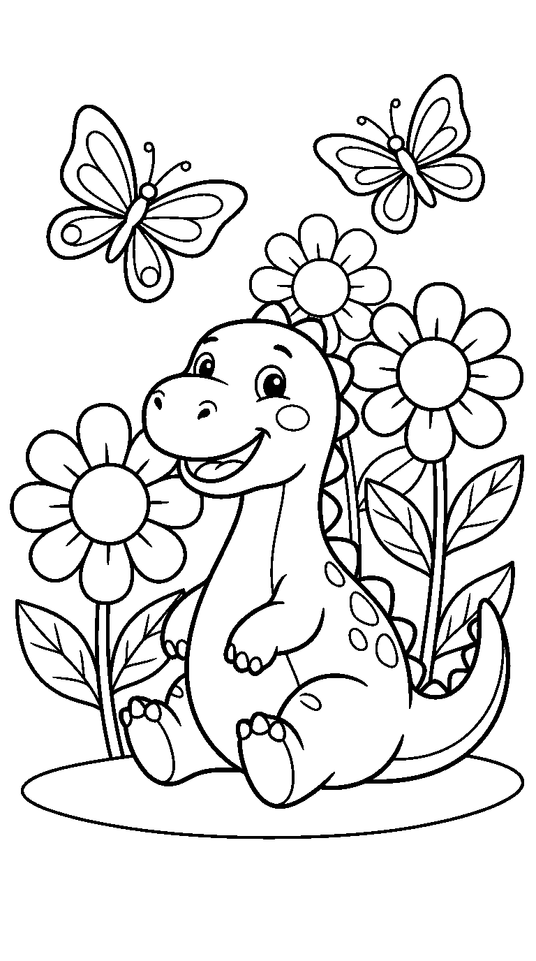 kleurplaat dinosaurus · Tussen de bloemen