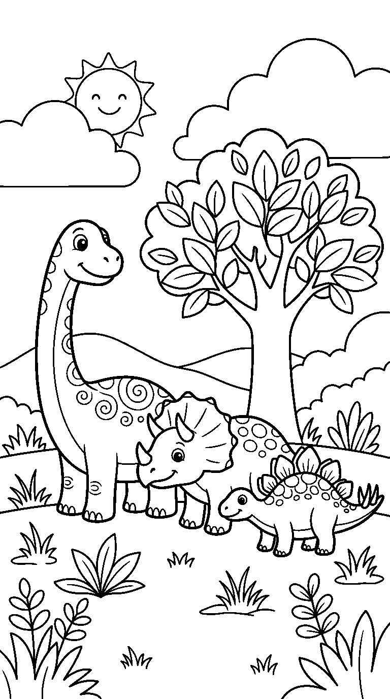 kleurplaat dinosaurus · Met z'n drieën