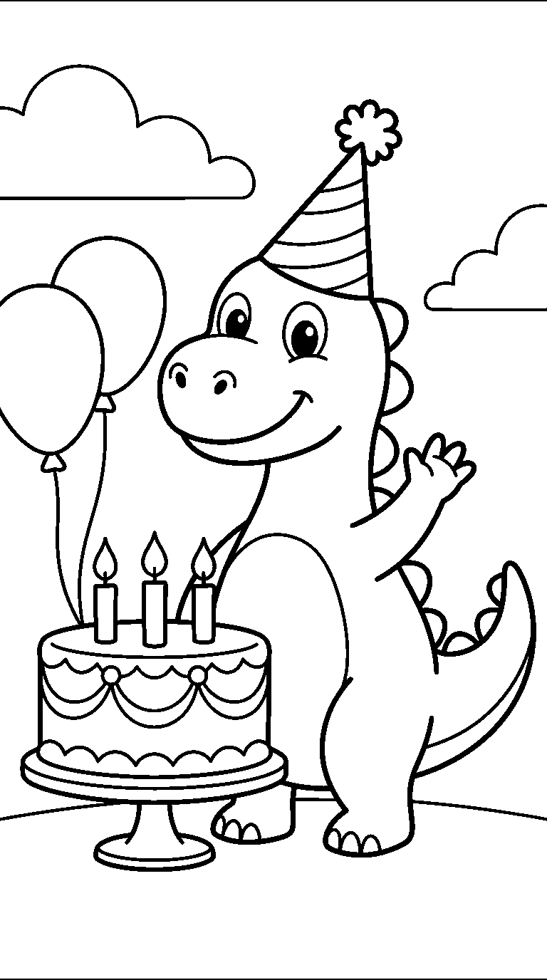 kleurplaat dinosaurus · Met een feesthoedje