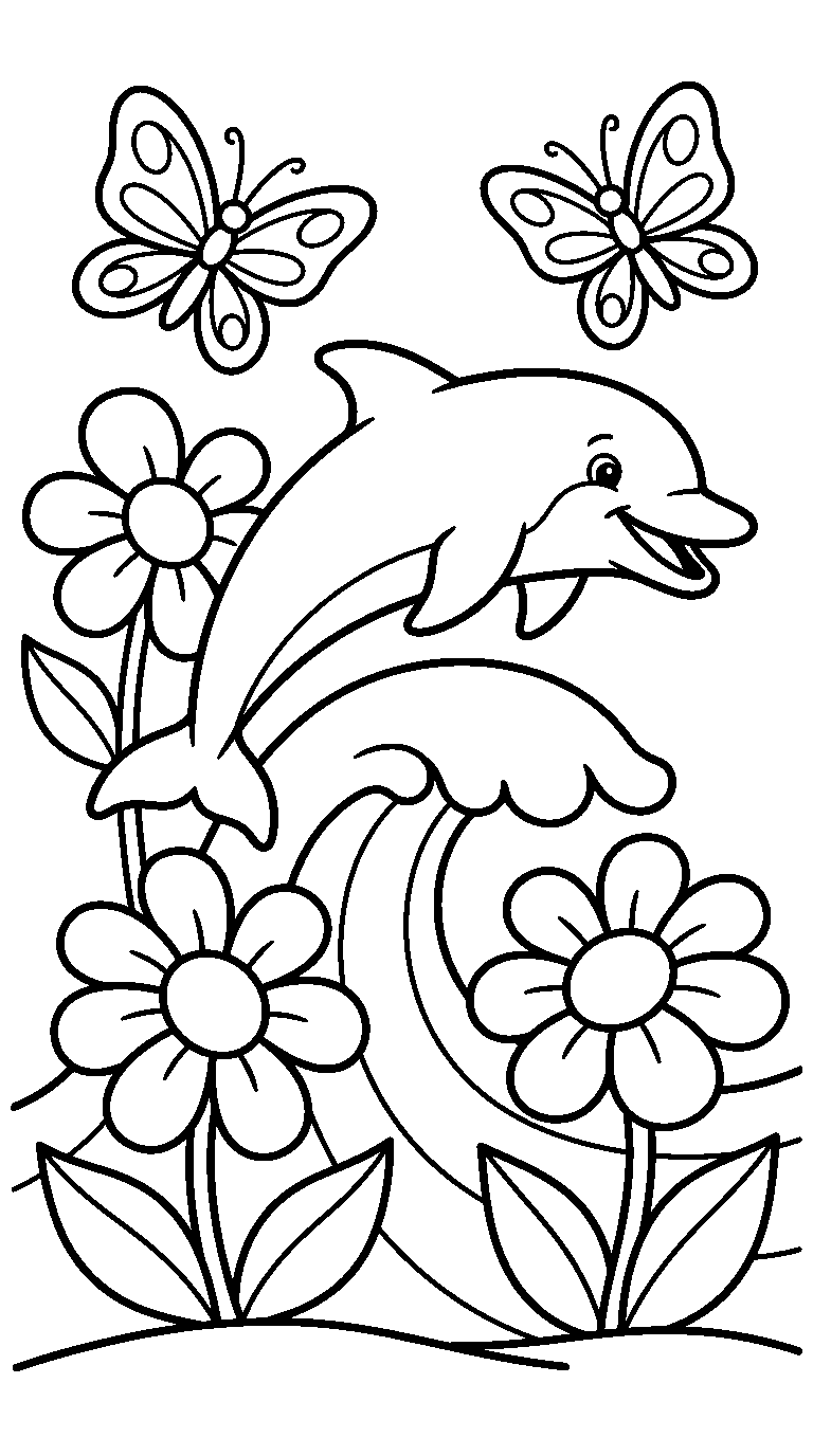 kleurplaat dolfijn · Tussen de bloemen