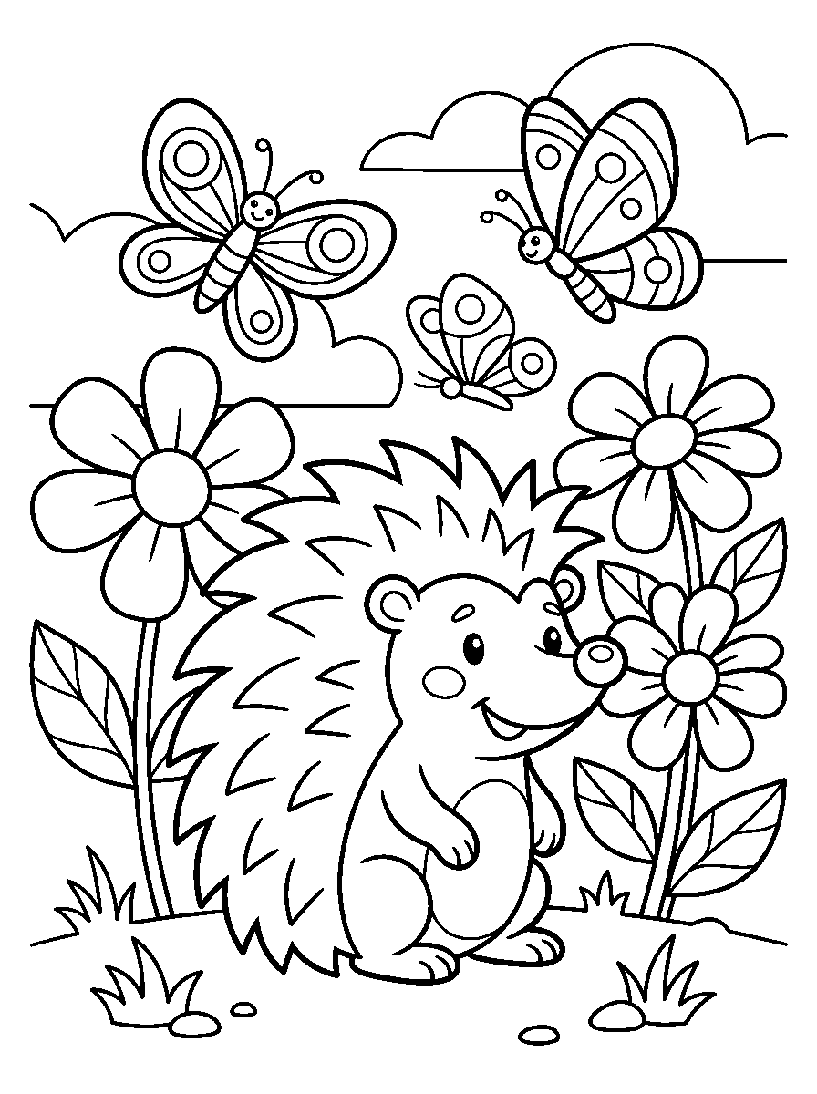 kleurplaat egel · Tussen de bloemen