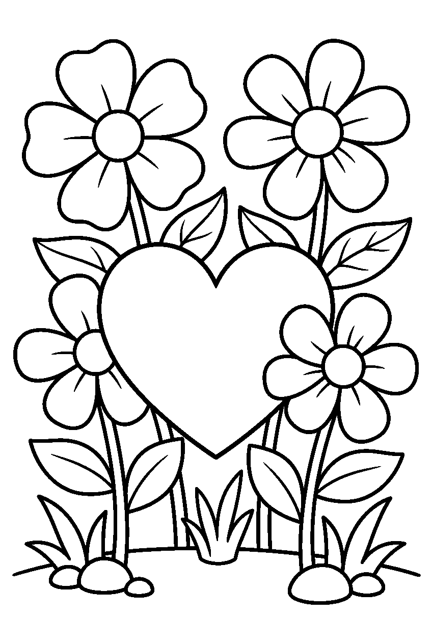 kleurplaat hart · Tussen de bloemen