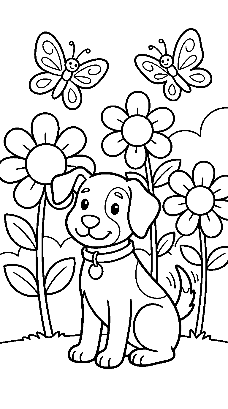 kleurplaat hond · Tussen de bloemen