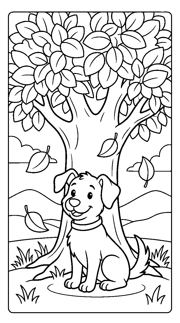 kleurplaat hond · Onder de boom