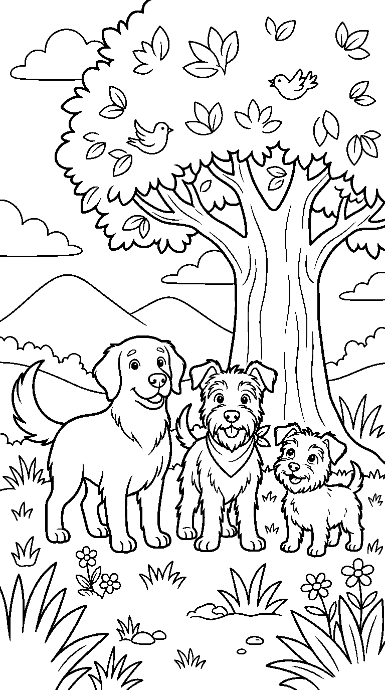 kleurplaat hond · Met z'n drieën
