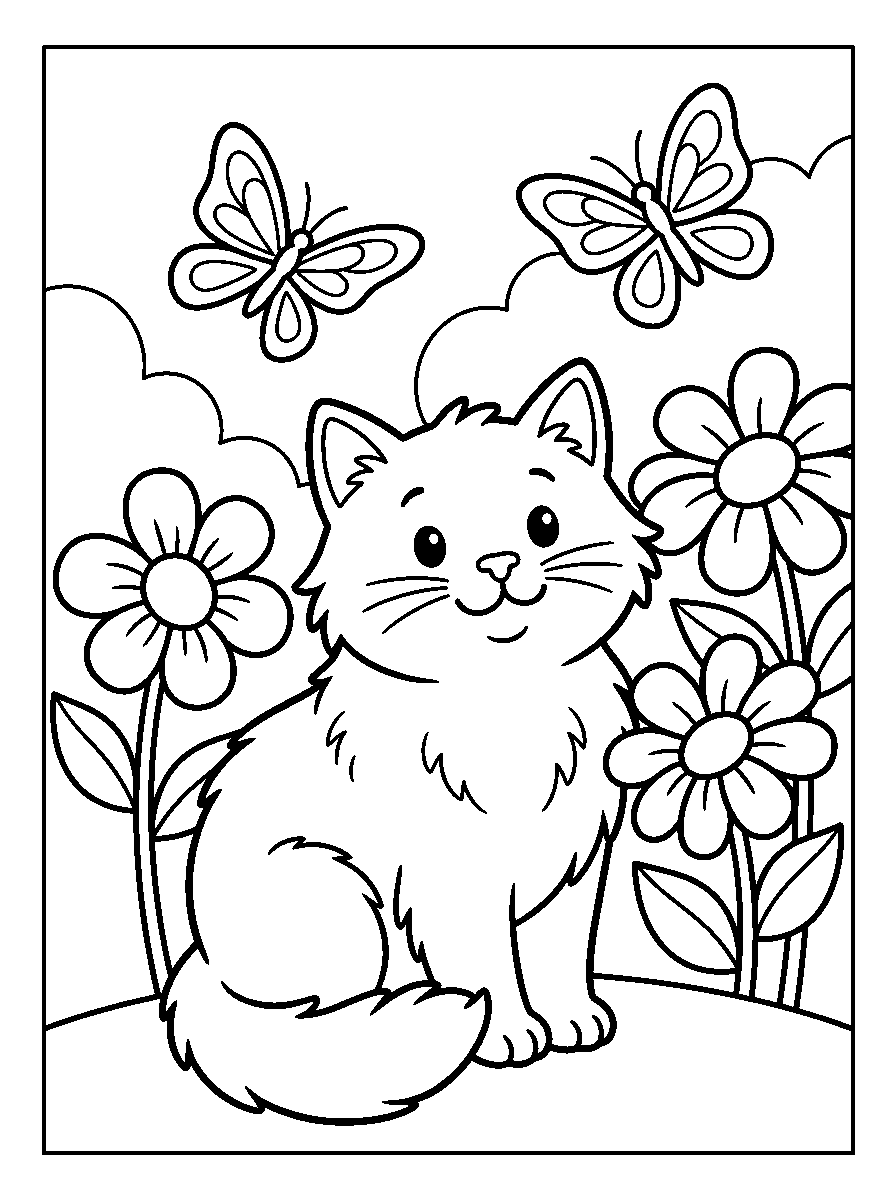 kleurplaat kat · Tussen de bloemen