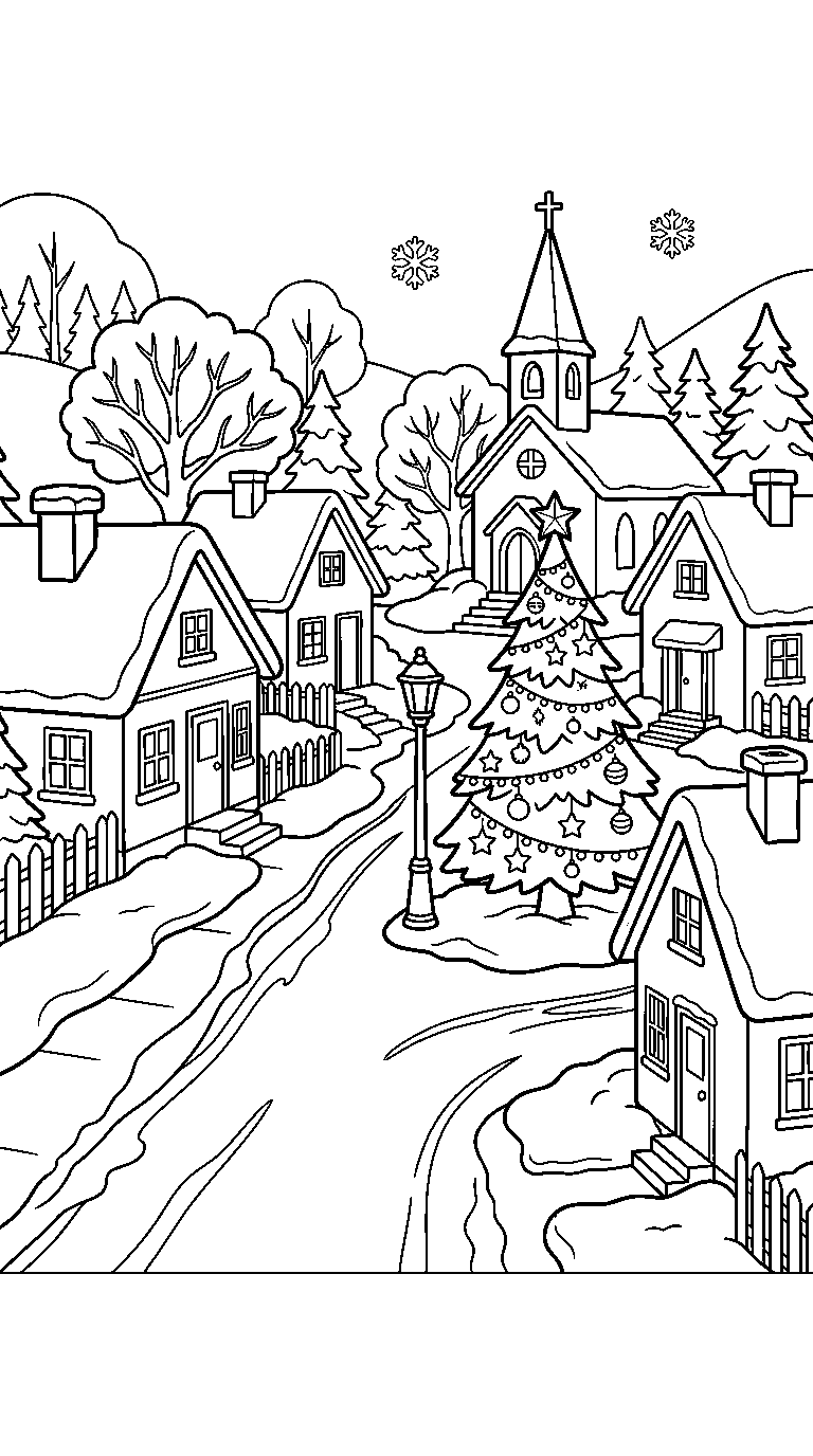 kleurplaat kerst · Kerstdorp in de sneeuw
