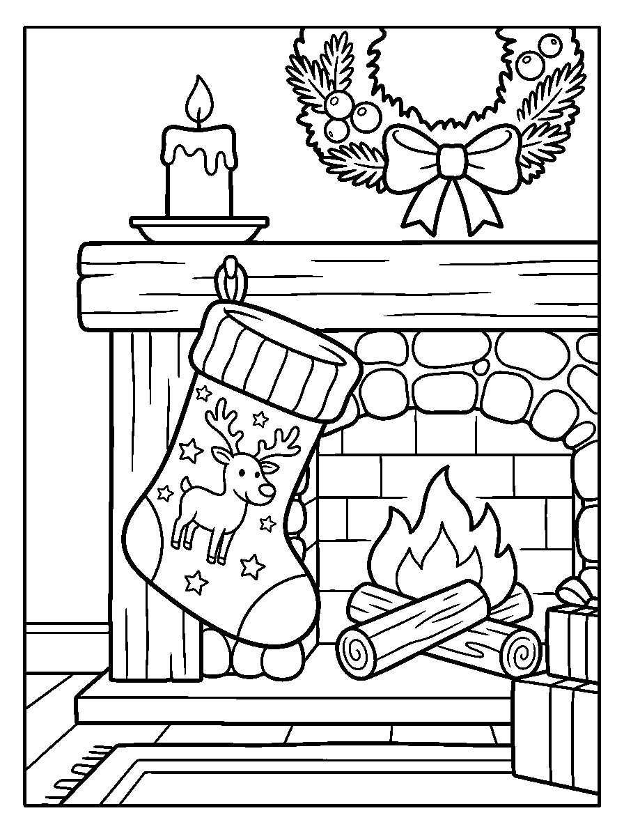 kleurplaat kerst · Kerstsok bij de haard
