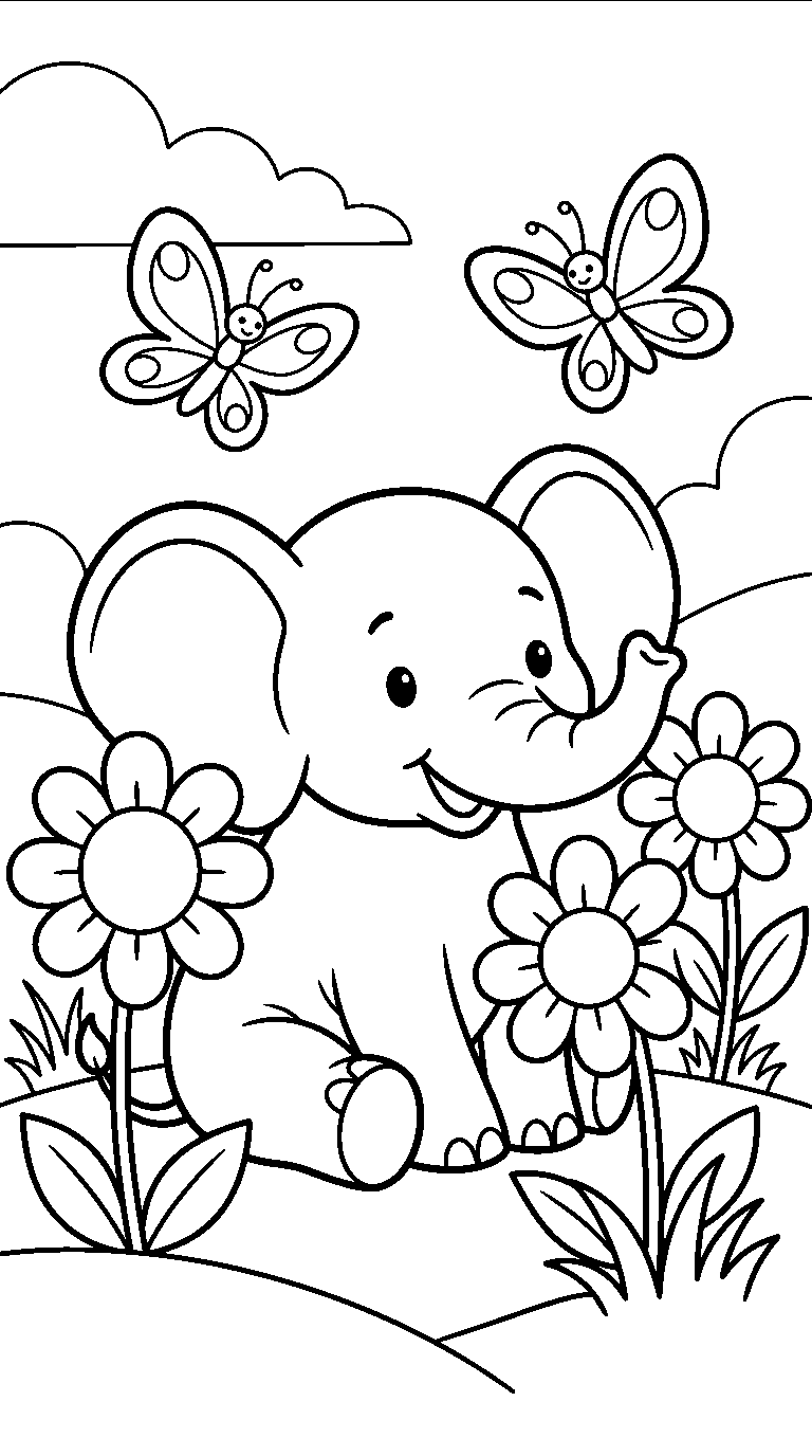 kleurplaat olifant · Tussen de bloemen