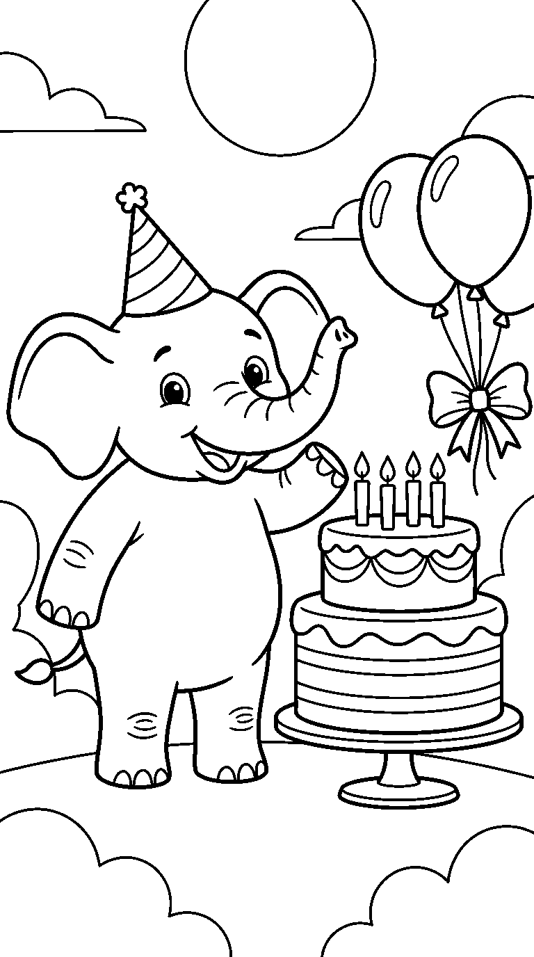 kleurplaat olifant · Met een feesthoedje