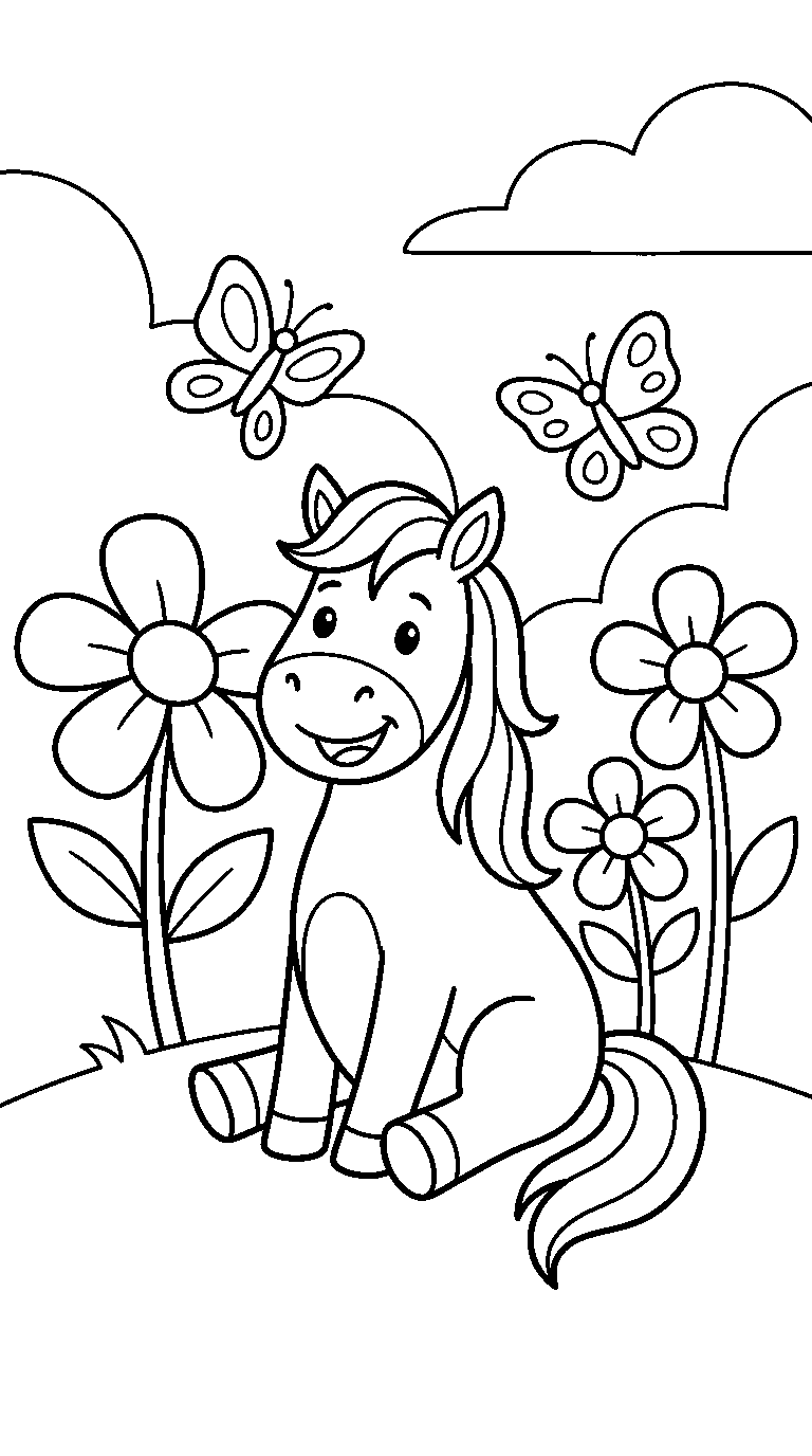 kleurplaat paard · Tussen de bloemen