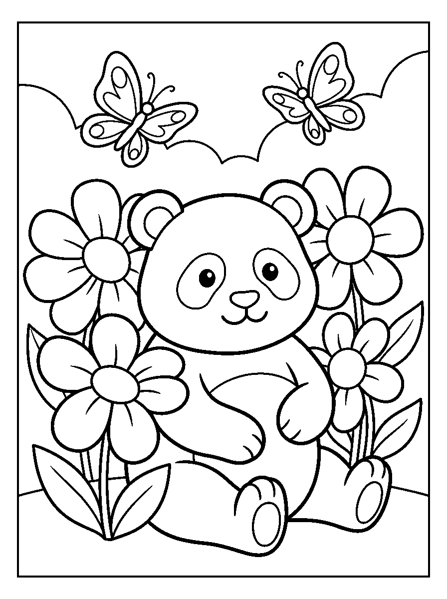 kleurplaat panda · Tussen de bloemen