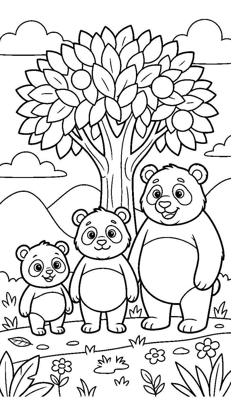 kleurplaat panda · Met z'n drieën