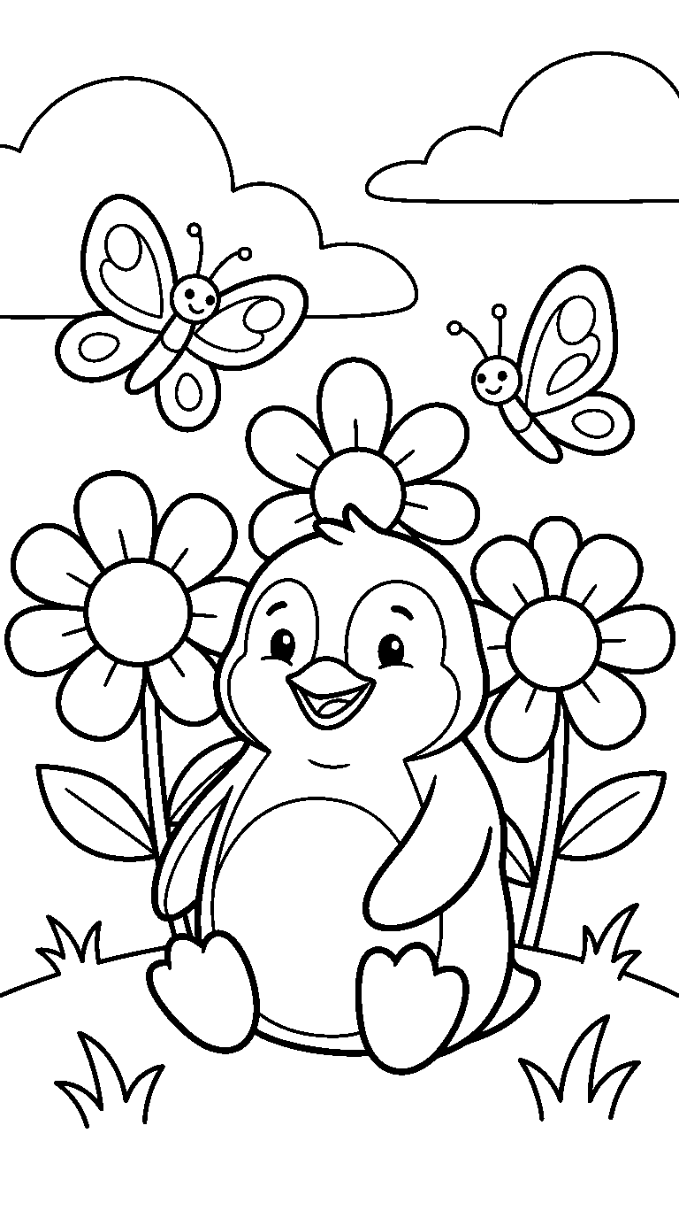 kleurplaat pinguïn · Tussen de bloemen