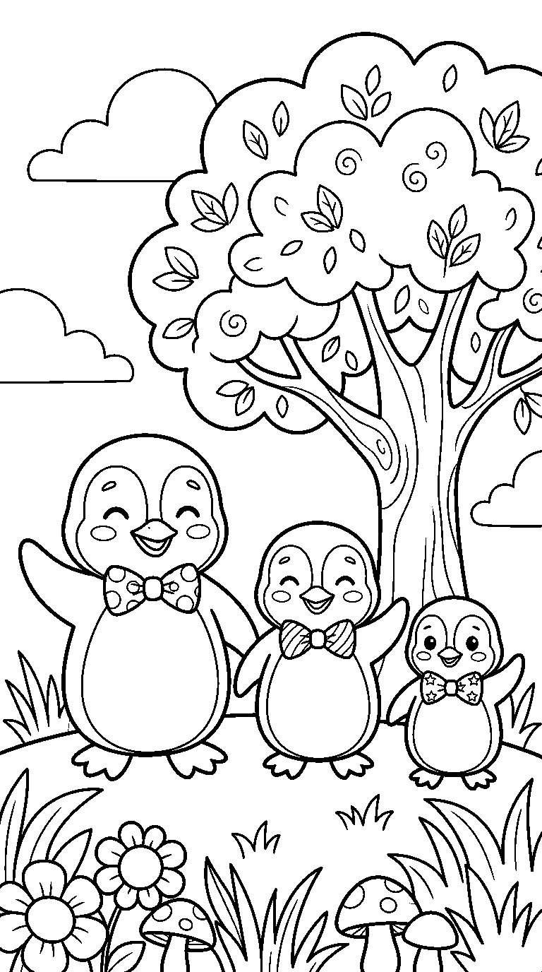 kleurplaat pinguïn · Met z'n drieën