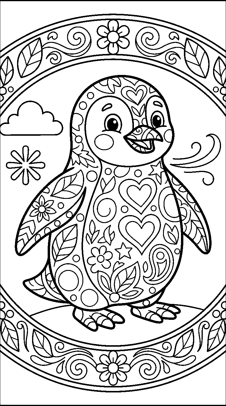 kleurplaat pinguïn · Met versiering