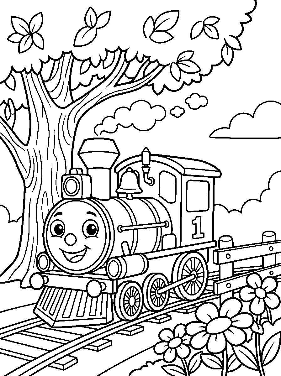 kleurplaat trein · Bij de boom