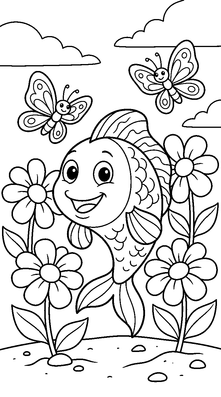 kleurplaat vis · Tussen de bloemen