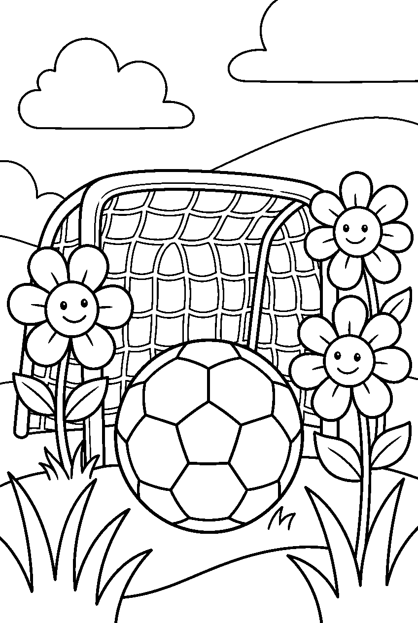 kleurplaat voetbal · Tussen de bloemen