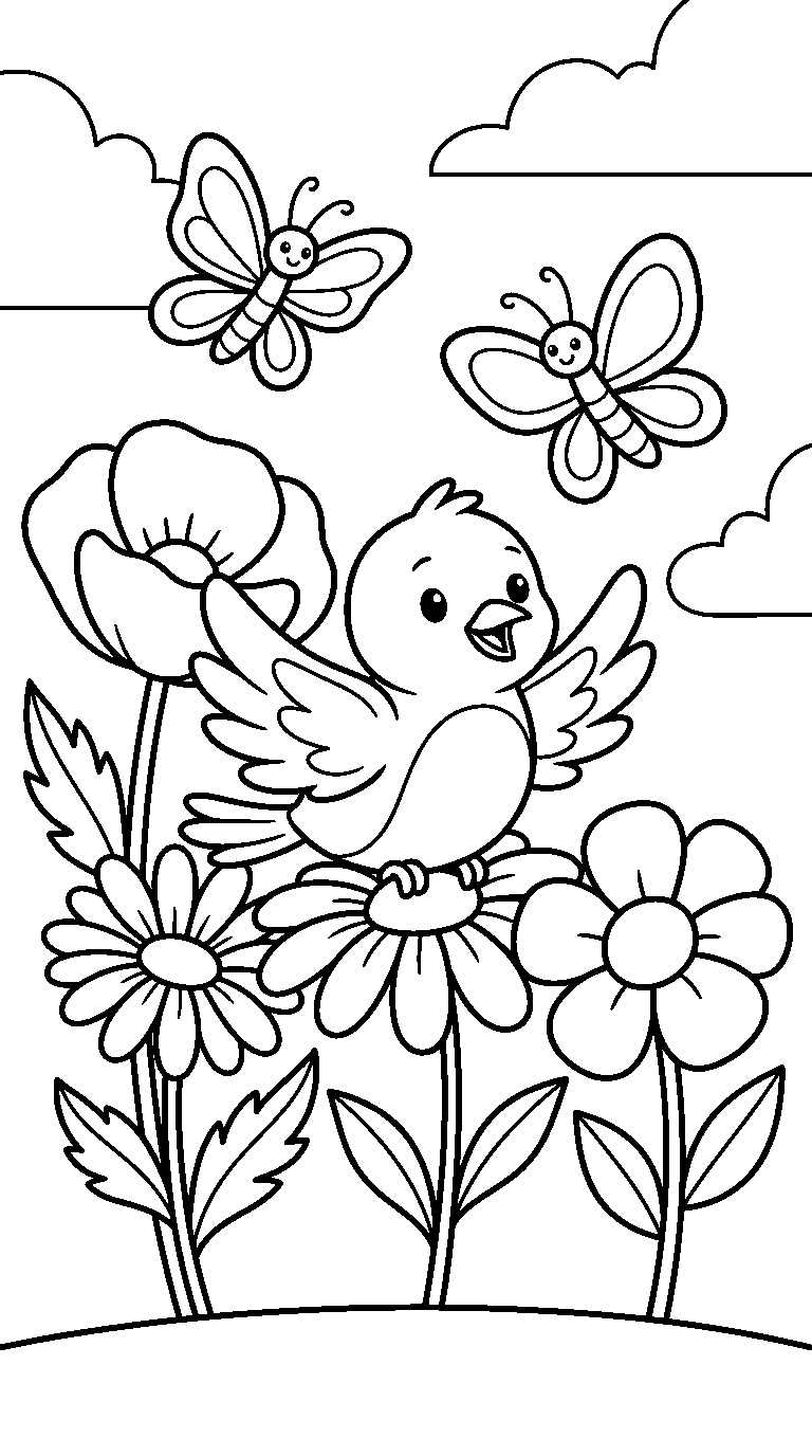 kleurplaat vogel · Tussen de bloemen